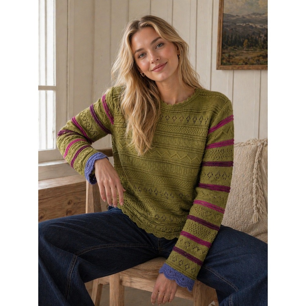 OLEANA 100% Alpaca Wool Sweater Norway Women V-neck Tunic Green Stripe M Boho
